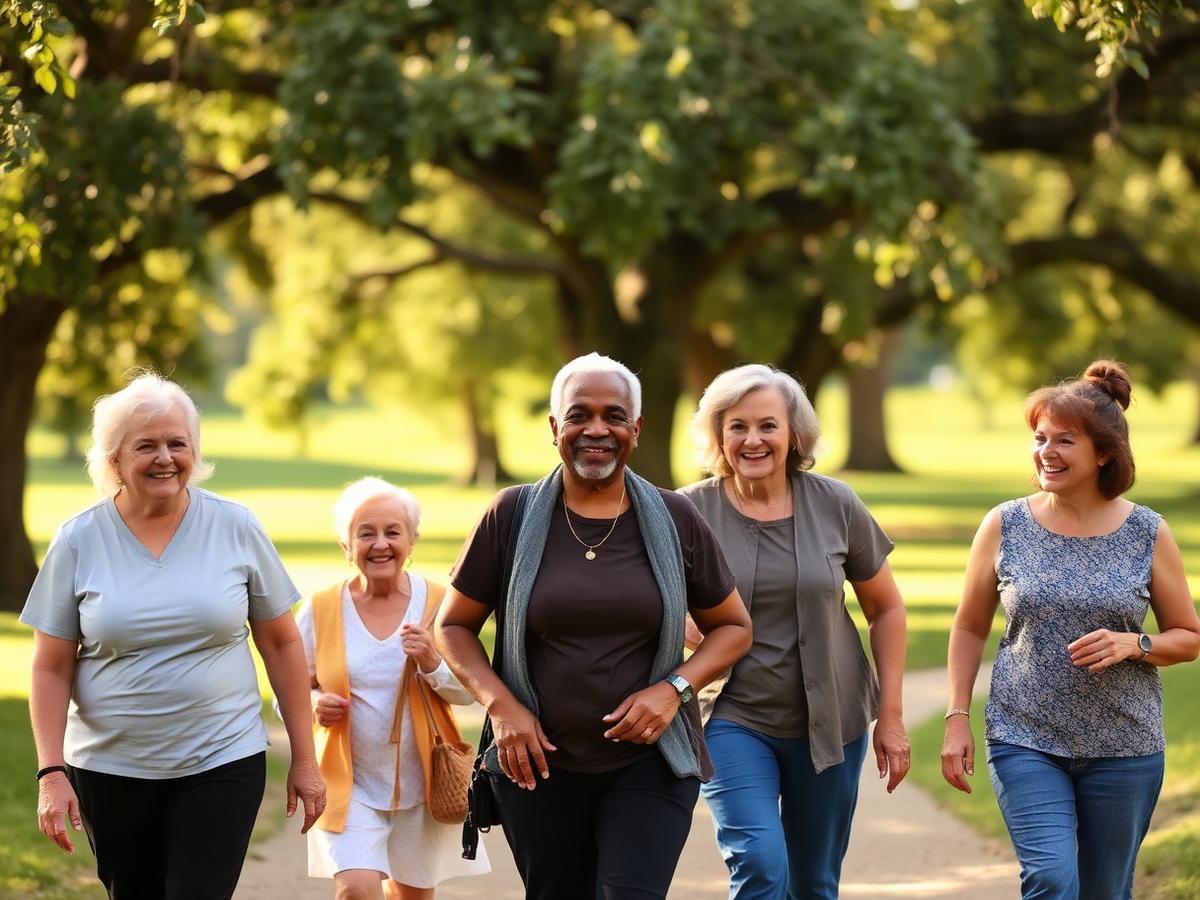 Community members walking together under trees