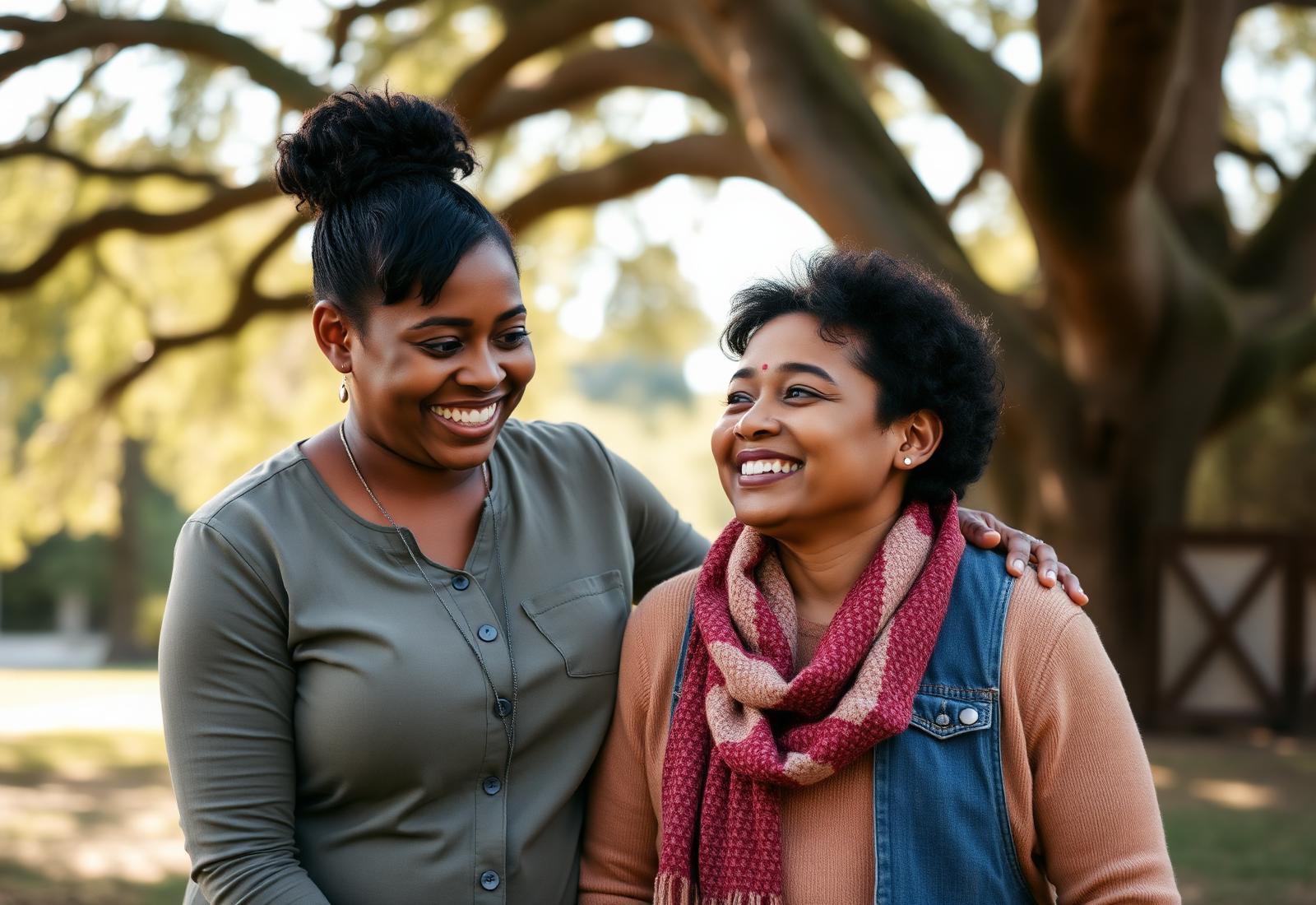 A caregiver and adult smiling together under an oak tree